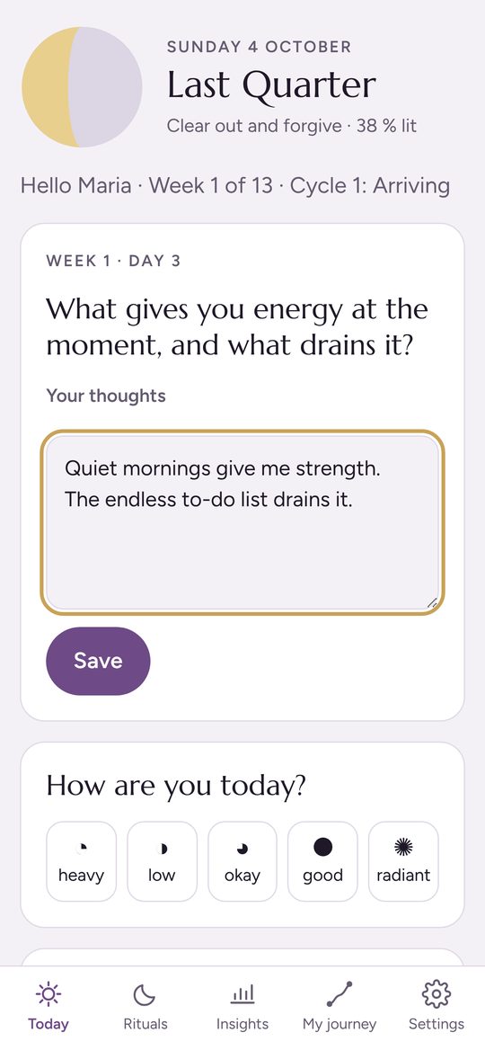 Novaluna app: the Today screen