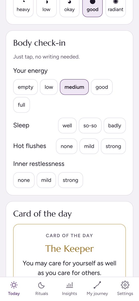 Novaluna app: body check-in and card of the day